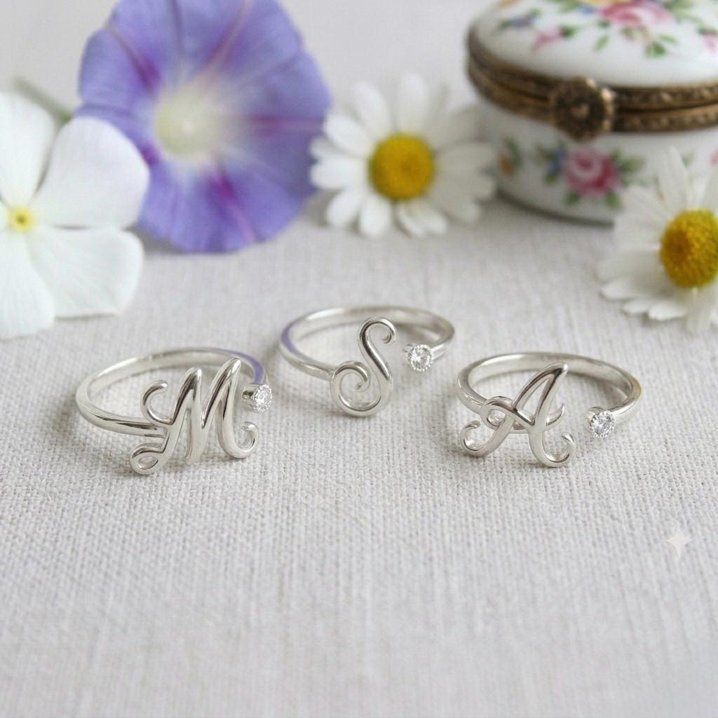 Custom Initial Ring, Sterling Silver Alphabet Letter, Stacking Name Ring