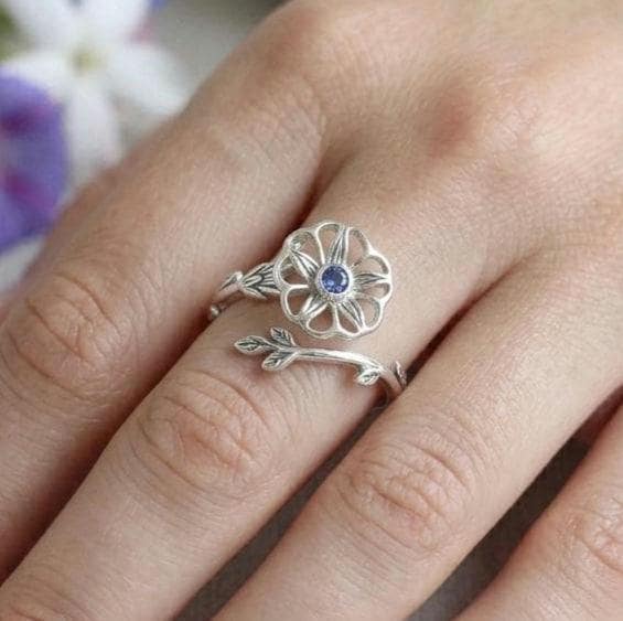 Custom Birthstone Flower Ring, 925 Sterling Silver Branch, Adjustable Minimalist Jewelry