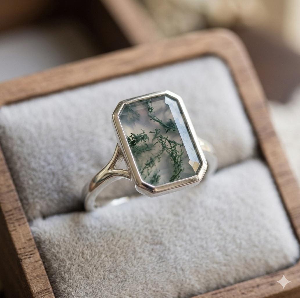 Moss Agate Hexagon Ring, Handmade 925 Silver Nature Statement Jewelry