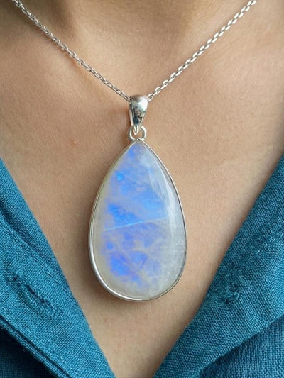Blue Fire Moonstone Teardrop Pendant, 925 Silver Boho Minimalist Jewelry