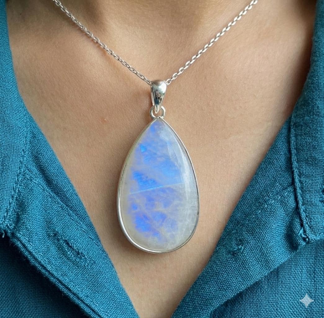 Blue Fire Moonstone Teardrop Pendant, 925 Silver Boho Minimalist Jewelry