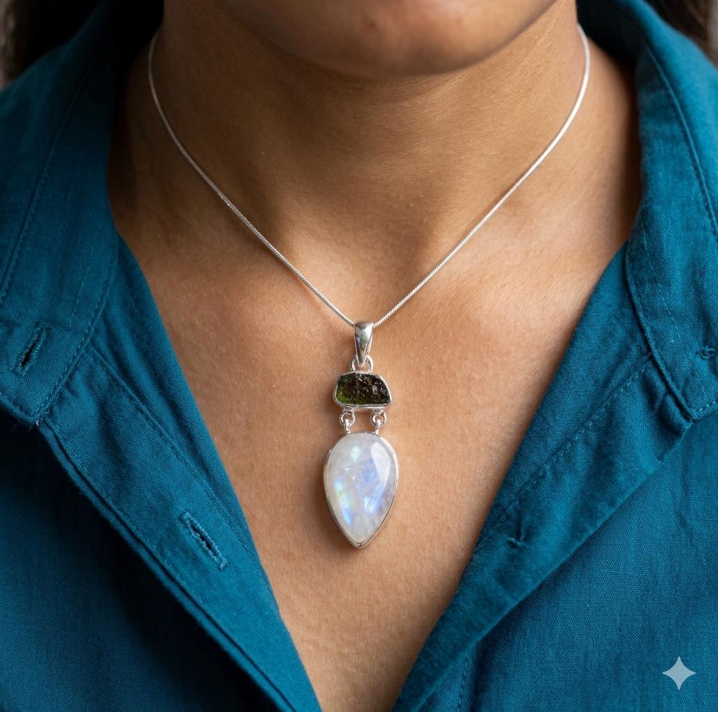 Blue Flash Moonstone Raw Moldavite Sterling Silver Teardrop Pendant, Boho Statement Jewelry