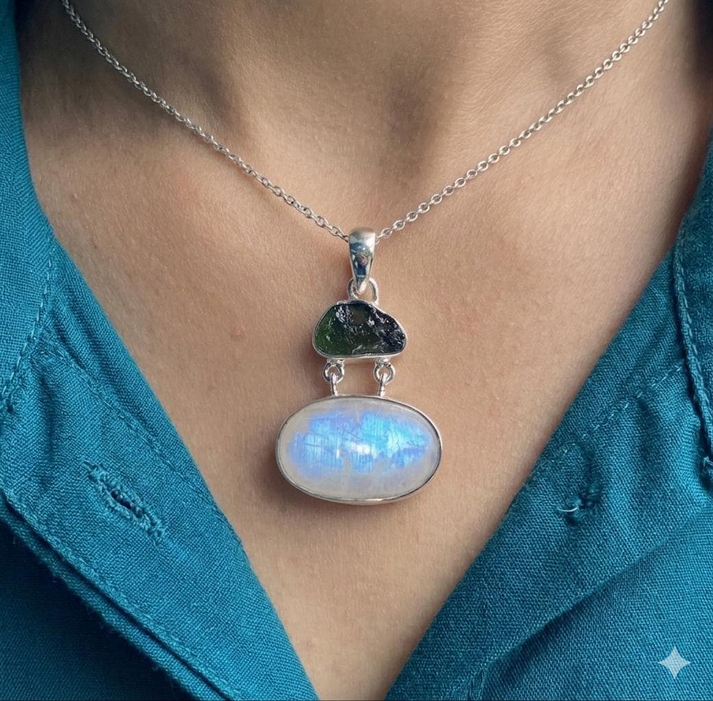Handmade Moonstone Moldavite Sterling Silver Necklace, Blue Flash Oval Gemstone