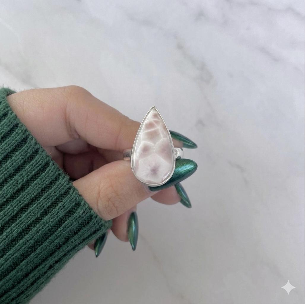 Pink Larimar Teardrop Ring, 925 Sterling Silver, Pear Gemstone, Boho Statement Jewelry