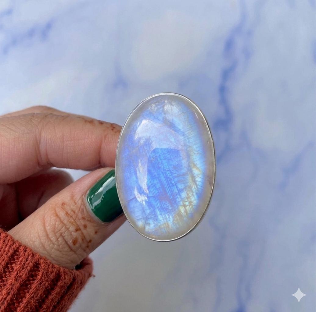 Blue Flash Oval Moonstone Ring, Handmade 925 Silver Statement Jewelry