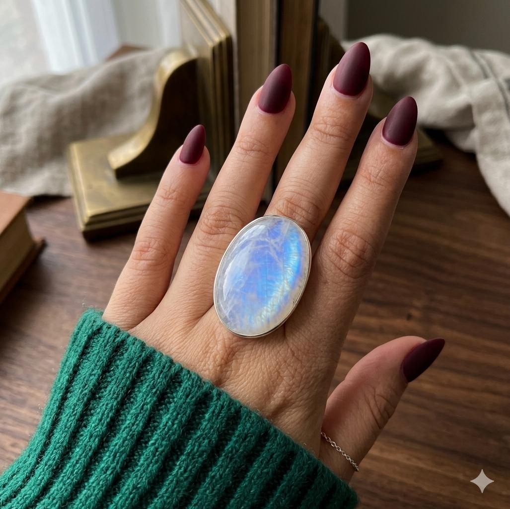 Blue Flash Oval Moonstone Ring, Handmade 925 Silver Statement Jewelry