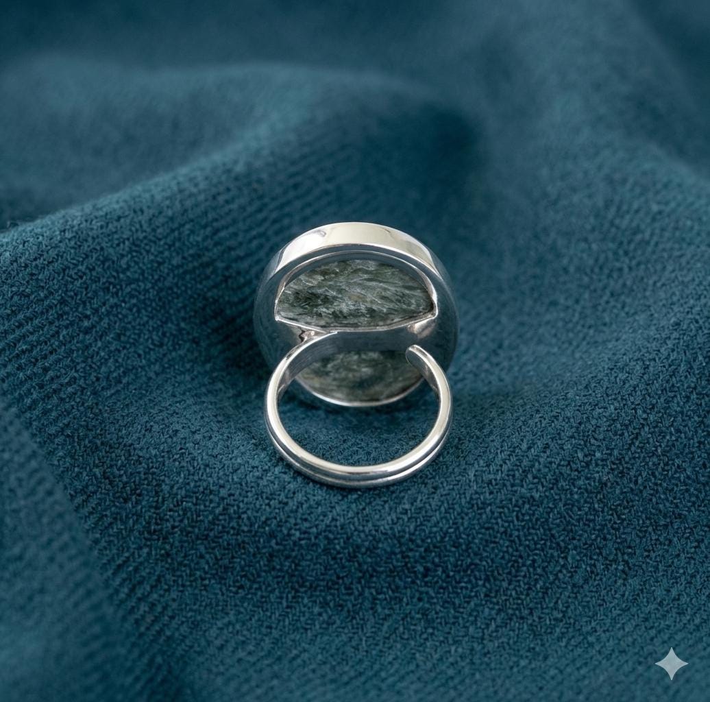 Green Seraphinite Oval Statement Ring, Handmade Boho Artisan Silver Jewelry