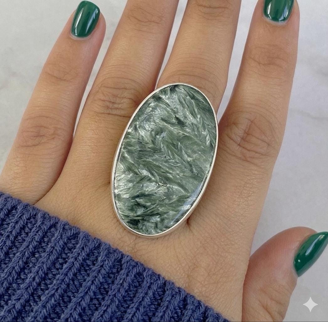Green Seraphinite Oval Statement Ring, Handmade Boho Artisan Silver Jewelry