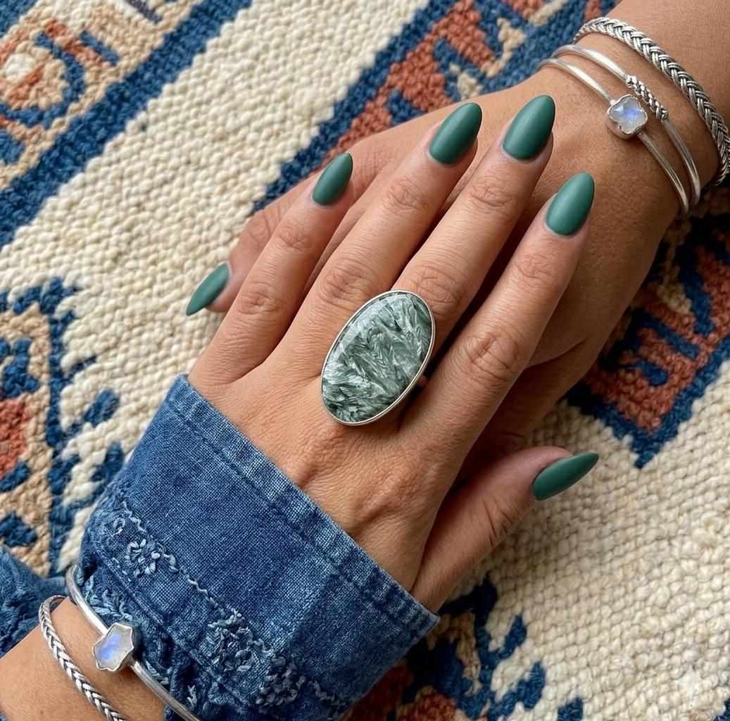 Green Seraphinite Oval Statement Ring, Handmade Boho Artisan Silver Jewelry