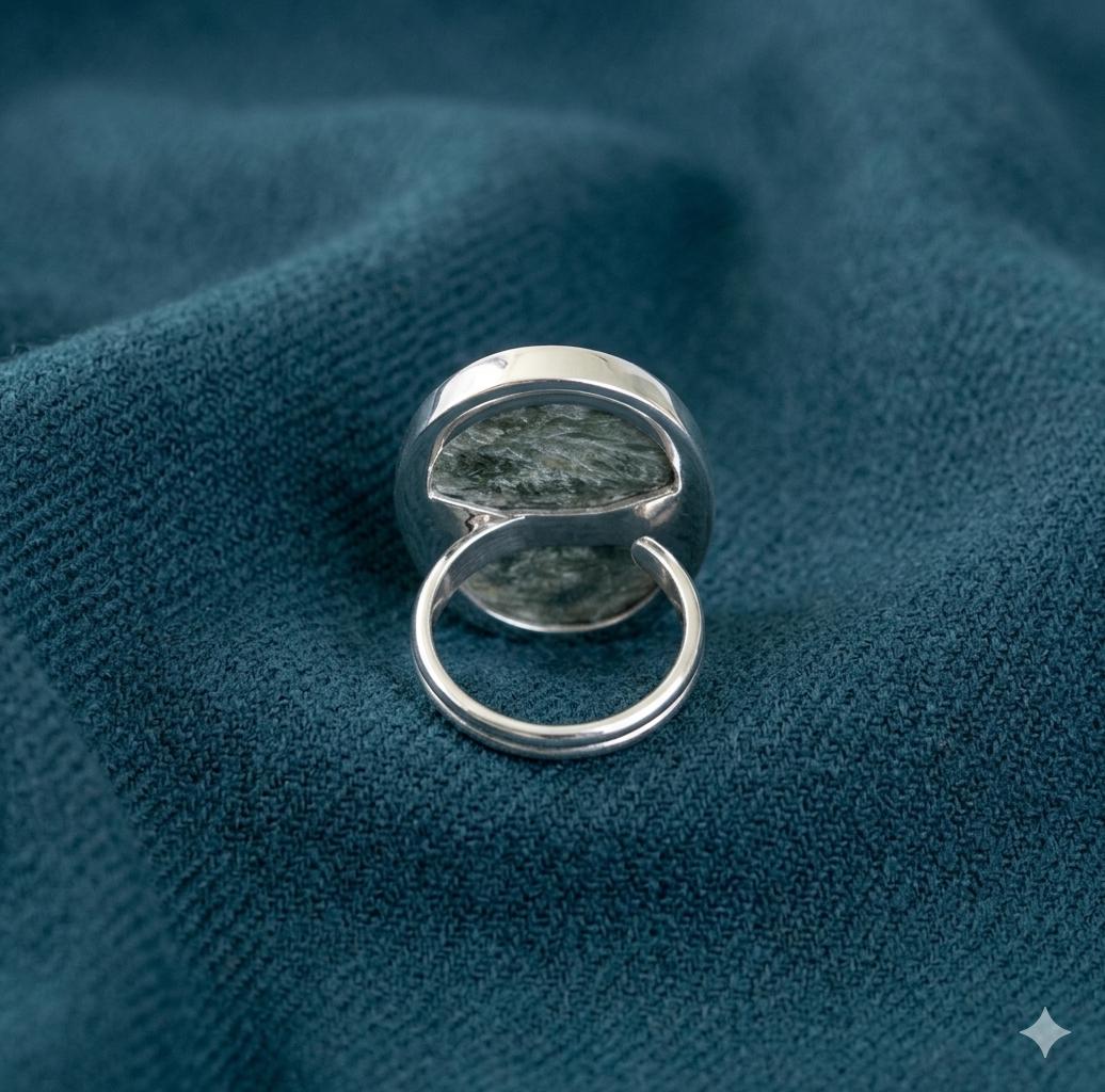 Green Seraphinite Oval Statement Ring, Handmade Boho Artisan Silver Jewelry