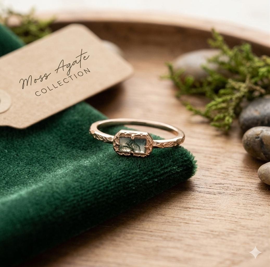 Rectangular Moss Agate Ring, Sterling Silver Vintage Band, Rose Gold Plated, Minimalist Style
