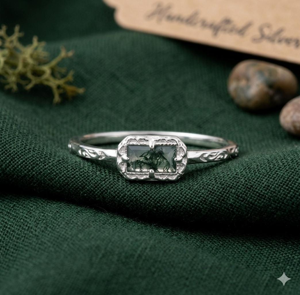 Rectangular Moss Agate Ring, Sterling Silver Vintage Band, Rose Gold Plated, Minimalist Style