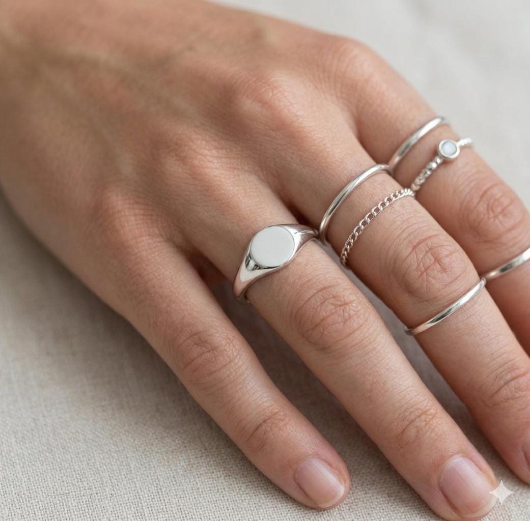 Oval Signet Ring, Gold Silver Dainty Stackable, 925 Sterling Personalized Engraving
