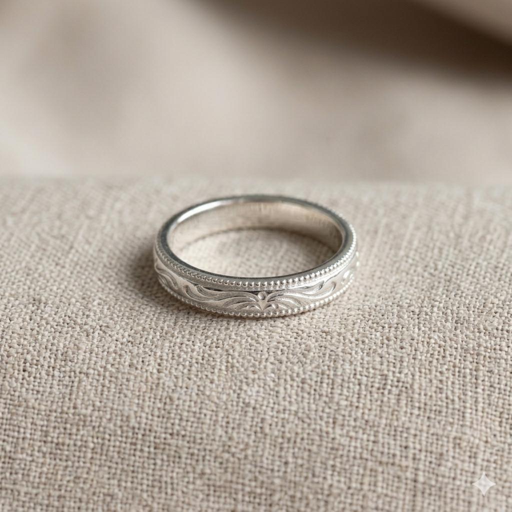 Engraved Floral Sterling Silver Band Ring, Vintage Milgrain Wedding Stackable Jewelry