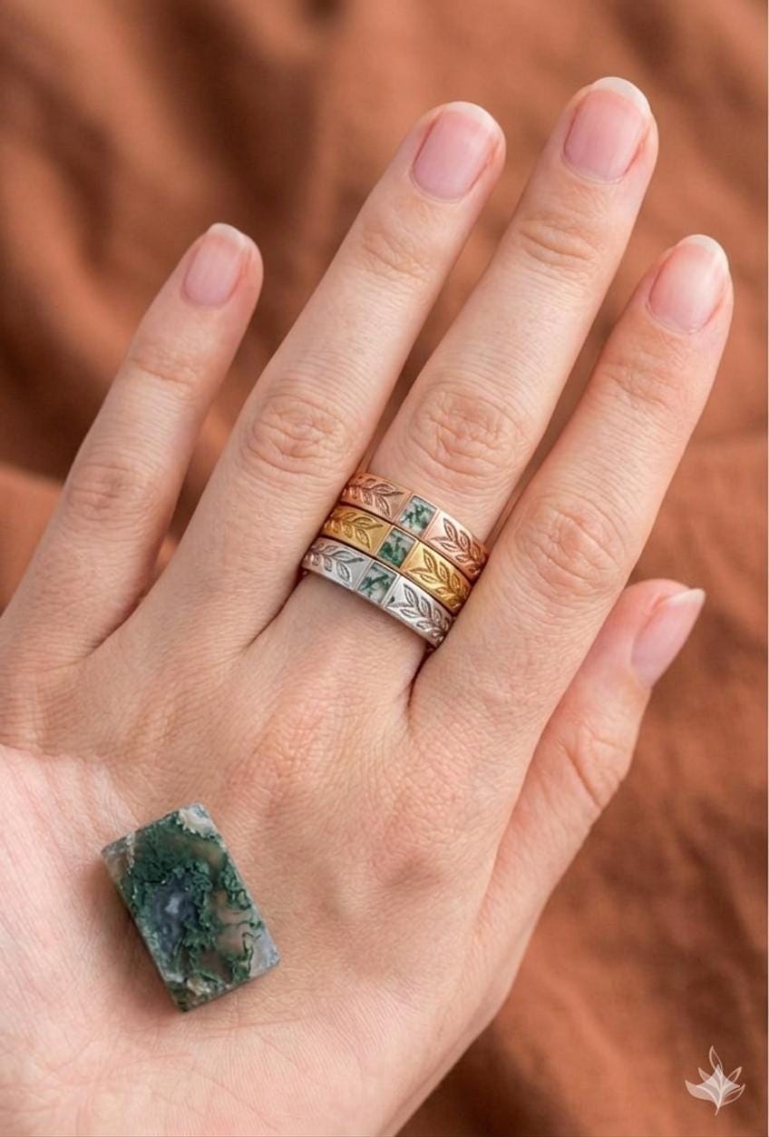Engraved Leaf Ring, Rectangular Green Gemstone, Silver Gold Rose Gold Band