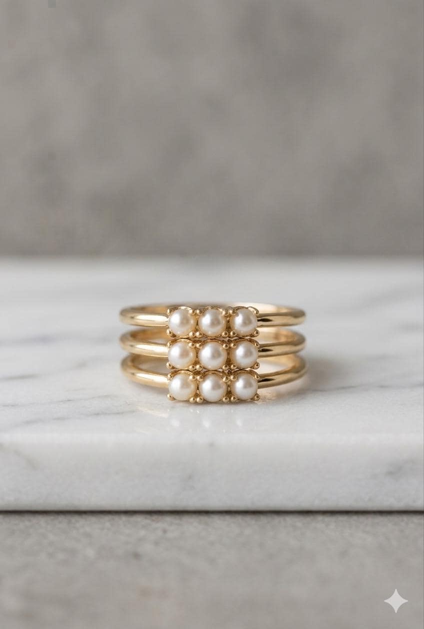 Pearl Stacking Ring Set, Sterling Silver Gold Rose Gold, Minimalist Band Jewelry