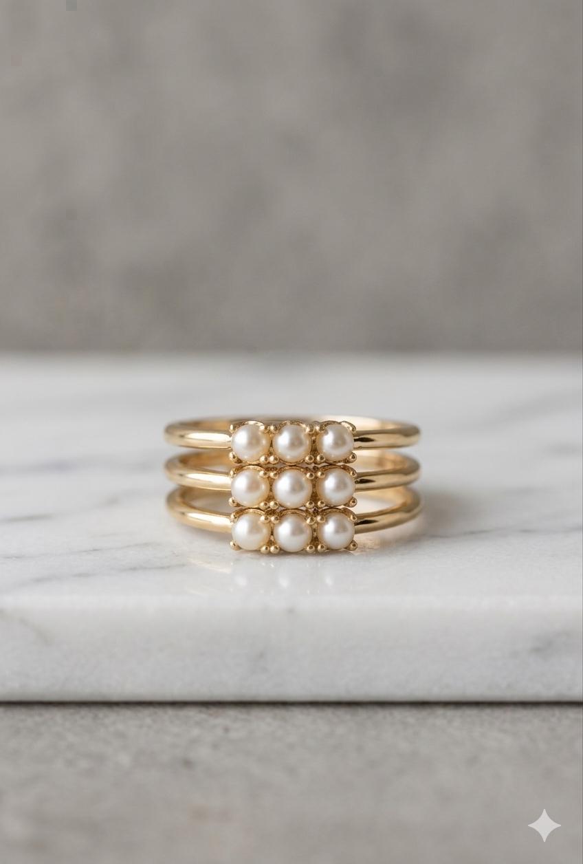 Pearl Stacking Ring Set, Sterling Silver Gold Rose Gold, Minimalist Band Jewelry