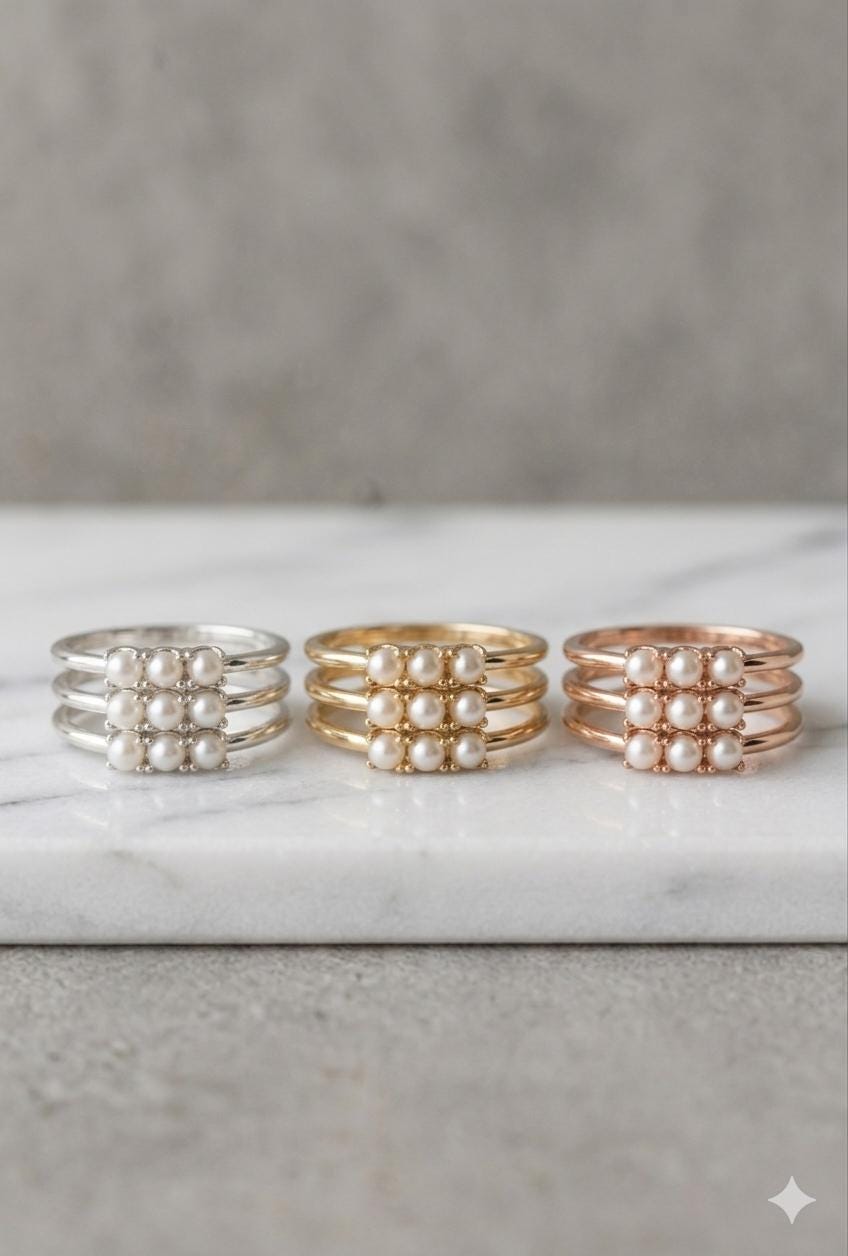 Pearl Stacking Ring Set, Sterling Silver Gold Rose Gold, Minimalist Band Jewelry