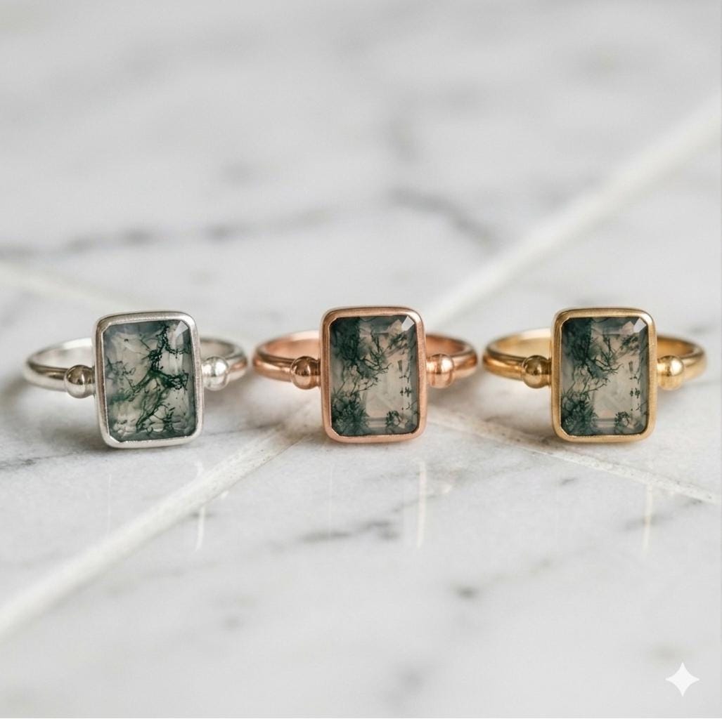 Rectangle Moss Agate Ring, Sterling Silver Gold Rose Gold, Nature Inspired Boho Engagement Dainty
