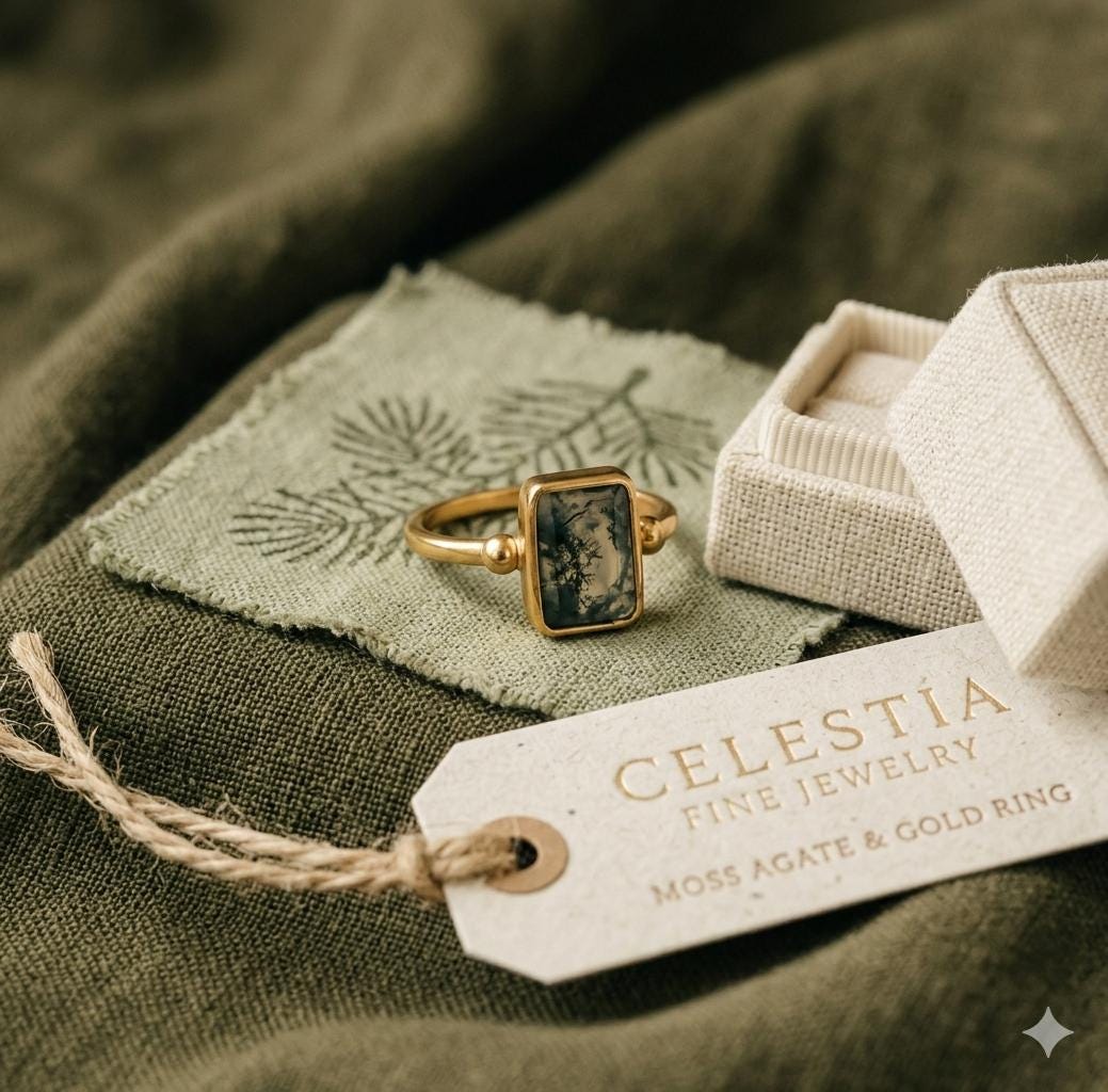 Rectangle Moss Agate Ring, Sterling Silver Gold Rose Gold, Nature Inspired Boho Engagement Dainty