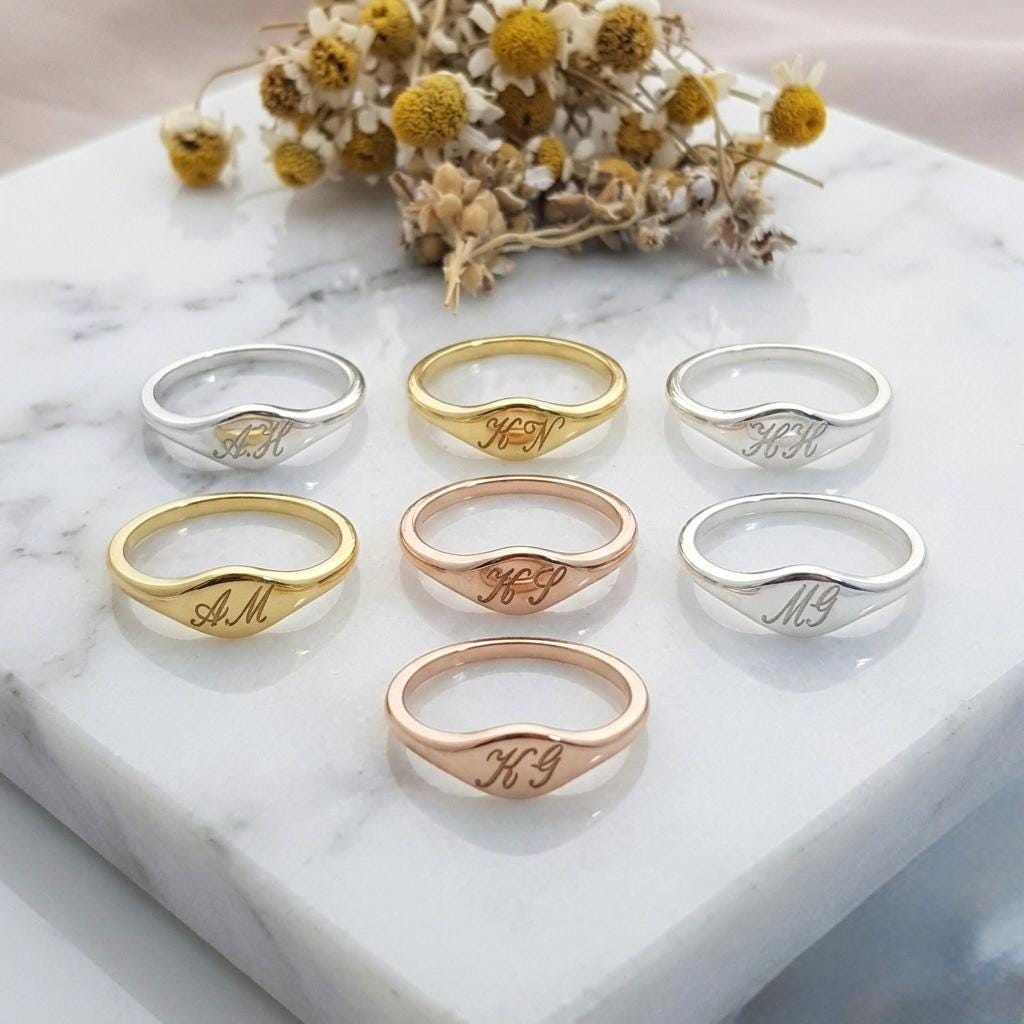 Personalized Initial Signet Ring, 925 Sterling Silver, Minimalist Gold Letter Ring