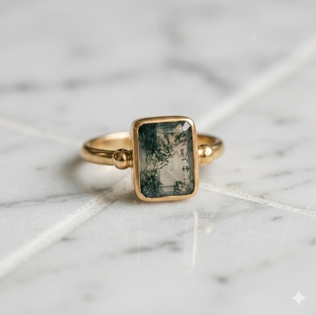Rectangle Moss Agate Ring, Sterling Silver Gold Rose Gold, Nature Inspired Boho Engagement Dainty
