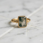 Rectangle Moss Agate Ring, Sterling Silver Gold Rose Gold, Nature Inspired Boho Engagement Dainty