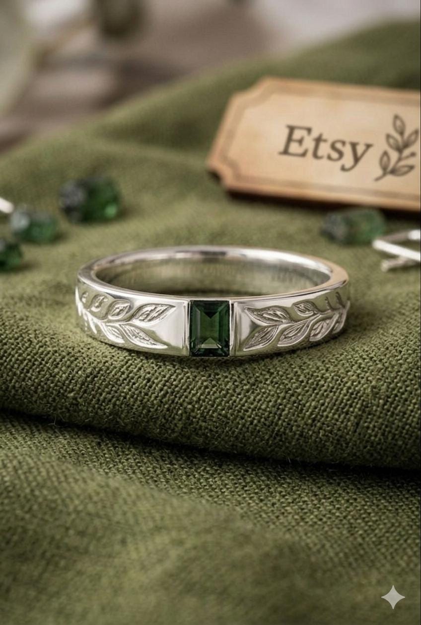 Emerald Green Stone Ring, Sterling Silver Leaf Engraved Band, Nature Inspired Jewelry