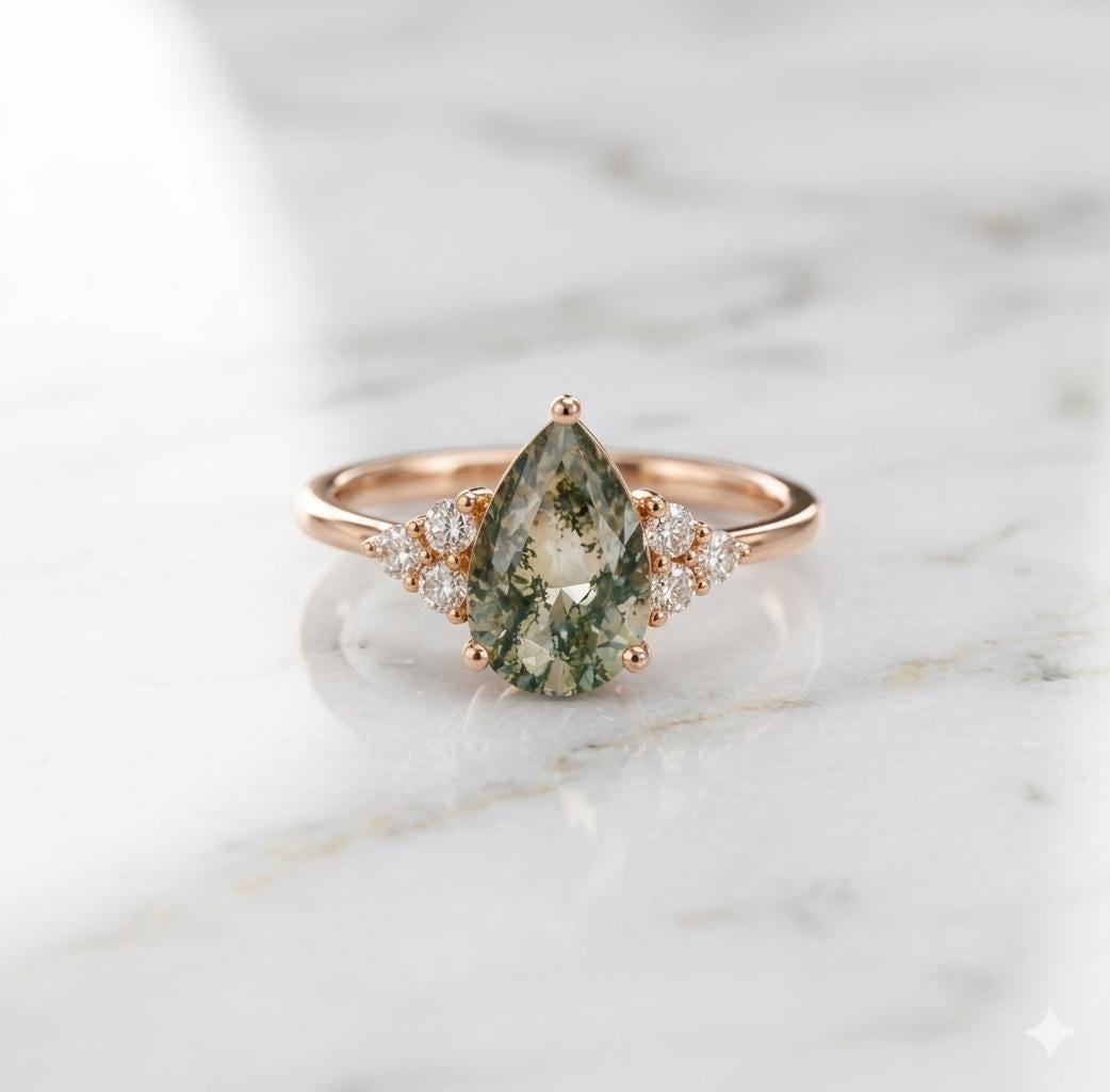 Pear Shaped Moss Agate Ring, Rose Gold, White Topaz Accents, Nature Inspired Bridal Jewelry