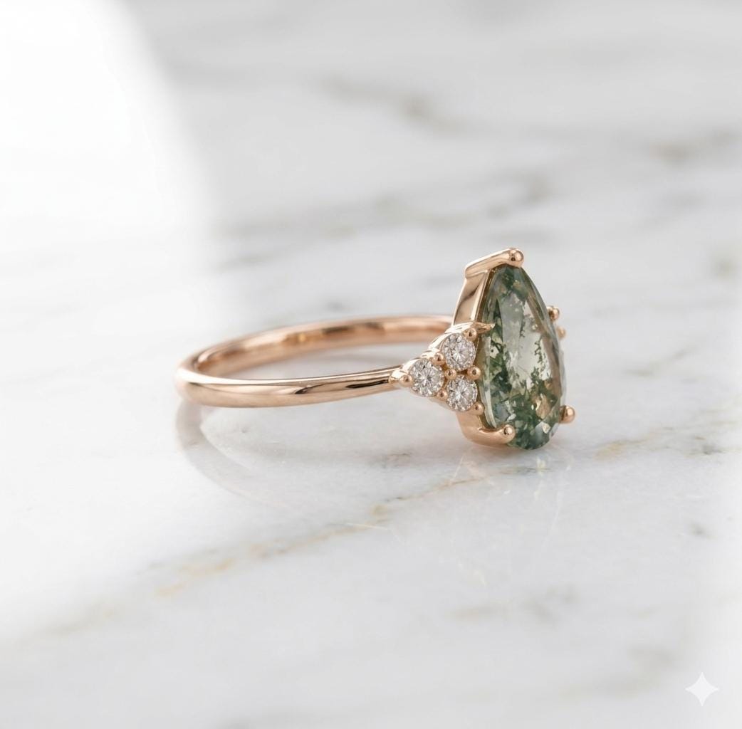 Pear Shaped Moss Agate Ring, Rose Gold, White Topaz Accents, Nature Inspired Bridal Jewelry