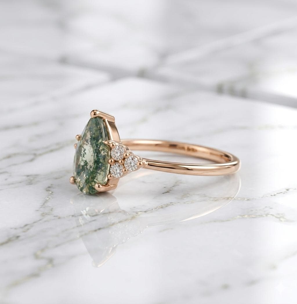 Pear Shaped Moss Agate Ring, Rose Gold, White Topaz Accents, Nature Inspired Bridal Jewelry