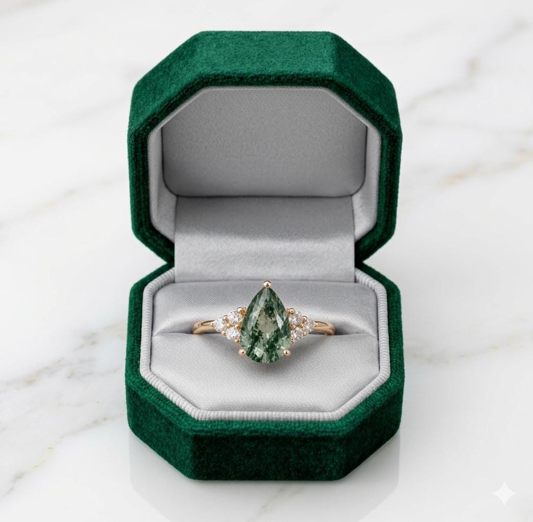 Pear Shaped Moss Agate Ring, Rose Gold, White Topaz Accents, Nature Inspired Bridal Jewelry