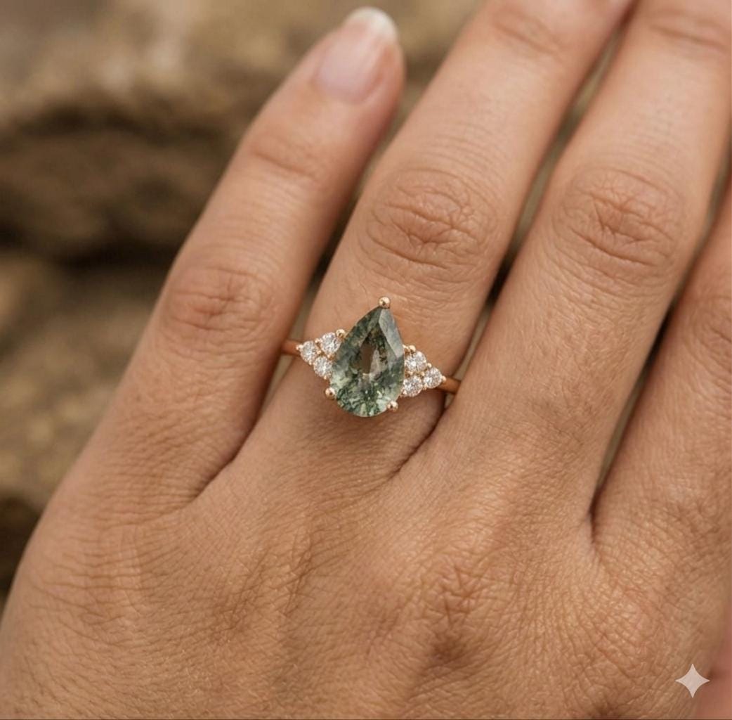 Pear Shaped Moss Agate Ring, Rose Gold, White Topaz Accents, Nature Inspired Bridal Jewelry