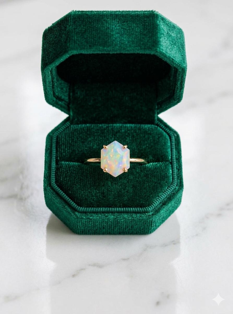 Hexagon Ethiopian Opal Ring, Gold Dainty Band, Minimalist Promise Ring
