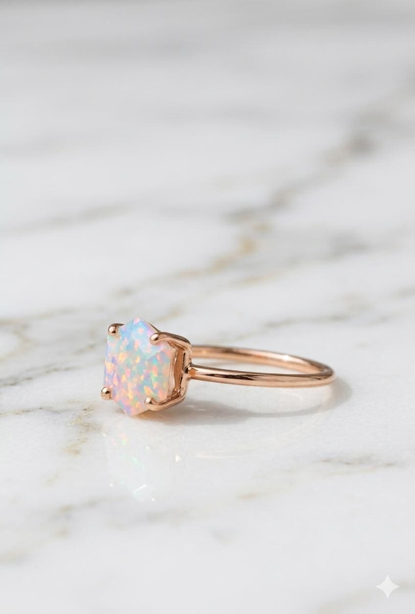 Hexagon Ethiopian Opal Ring, Gold Dainty Band, Minimalist Promise Ring