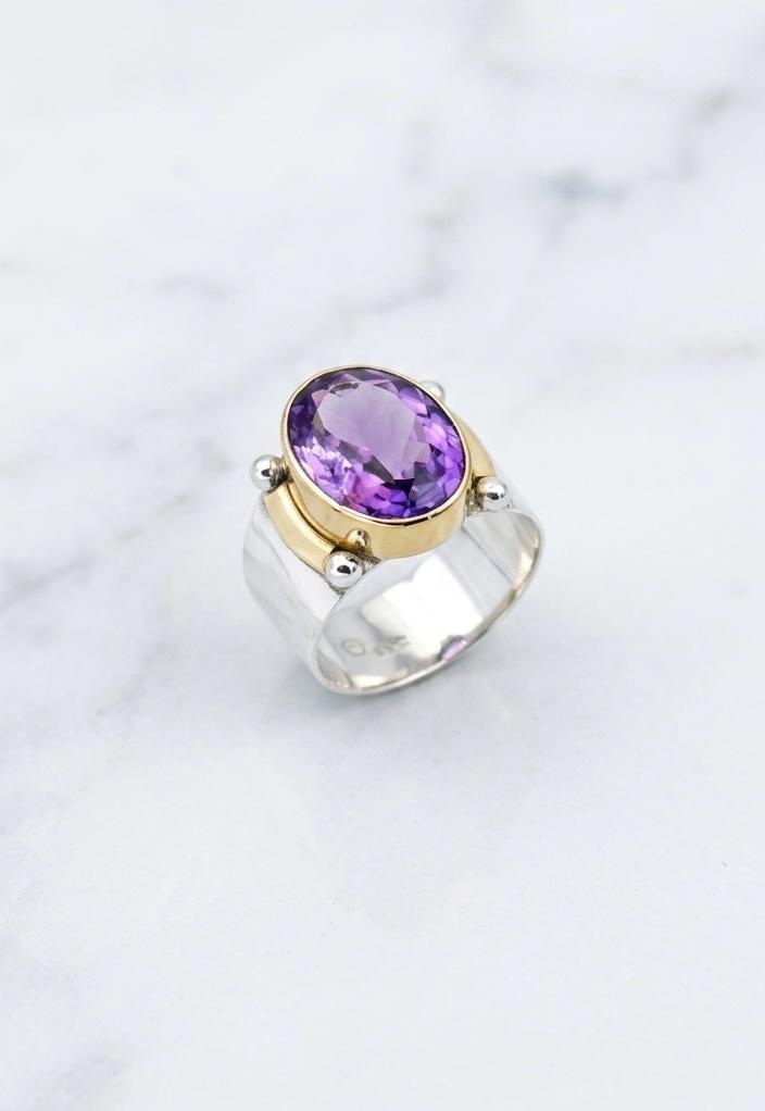 Amethyst Gold Bezel Sterling Silver Statement Ring, February Birthstone Jewelry