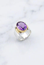 Amethyst Gold Bezel Sterling Silver Statement Ring, February Birthstone Jewelry