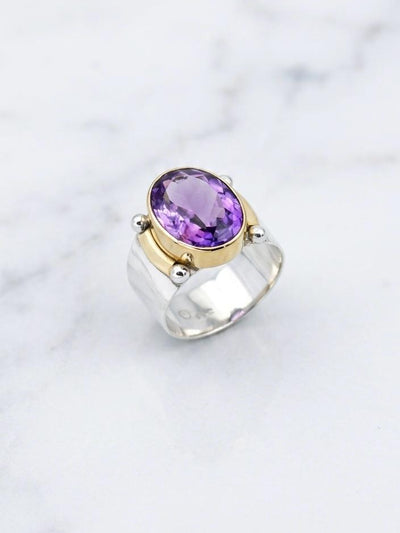 Amethyst Gold Bezel Sterling Silver Statement Ring, February Birthstone Jewelry