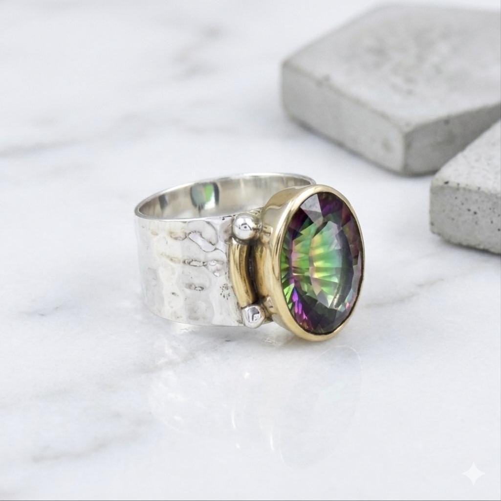 Handmade Mystic Topaz Statement Ring, 925 Sterling Silver, Gold Bezel, Wide Band Artisan Jewelry