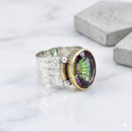 Handmade Mystic Topaz Statement Ring, 925 Sterling Silver, Gold Bezel, Wide Band Artisan Jewelry