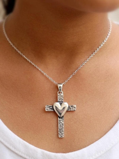Sterling Silver Cross Heart Pendant, Minimalist Hammered Religious Necklace Charm