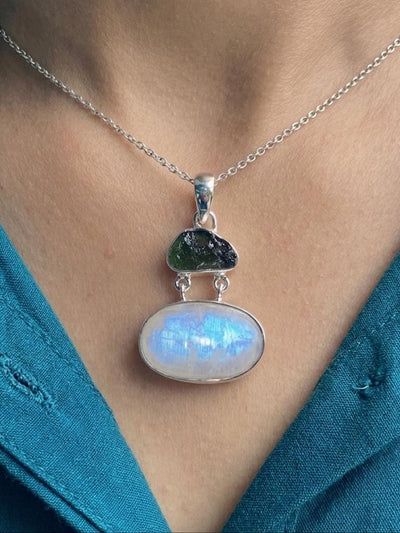 Handmade Moonstone Moldavite Sterling Silver Necklace, Blue Flash Oval Gemstone