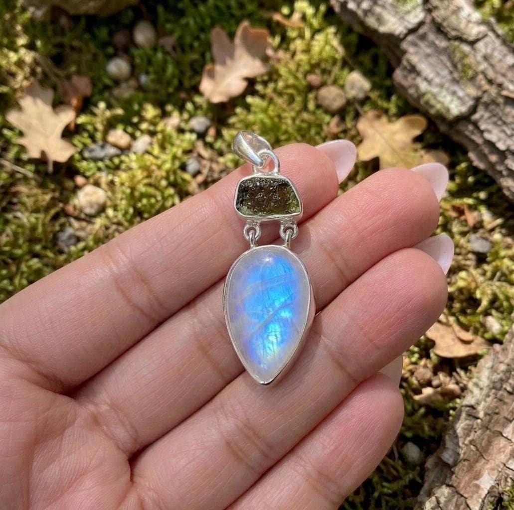 Blue Flash Moonstone Raw Moldavite Sterling Silver Teardrop Pendant, Boho Statement Jewelry