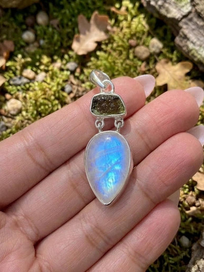 Blue Flash Moonstone Raw Moldavite Sterling Silver Teardrop Pendant, Boho Statement Jewelry
