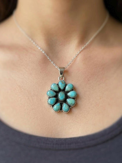 Mohave Turquoise Flower Pendant, Sterling Silver Boho Charm, Oxidized Floral Statement Jewelry