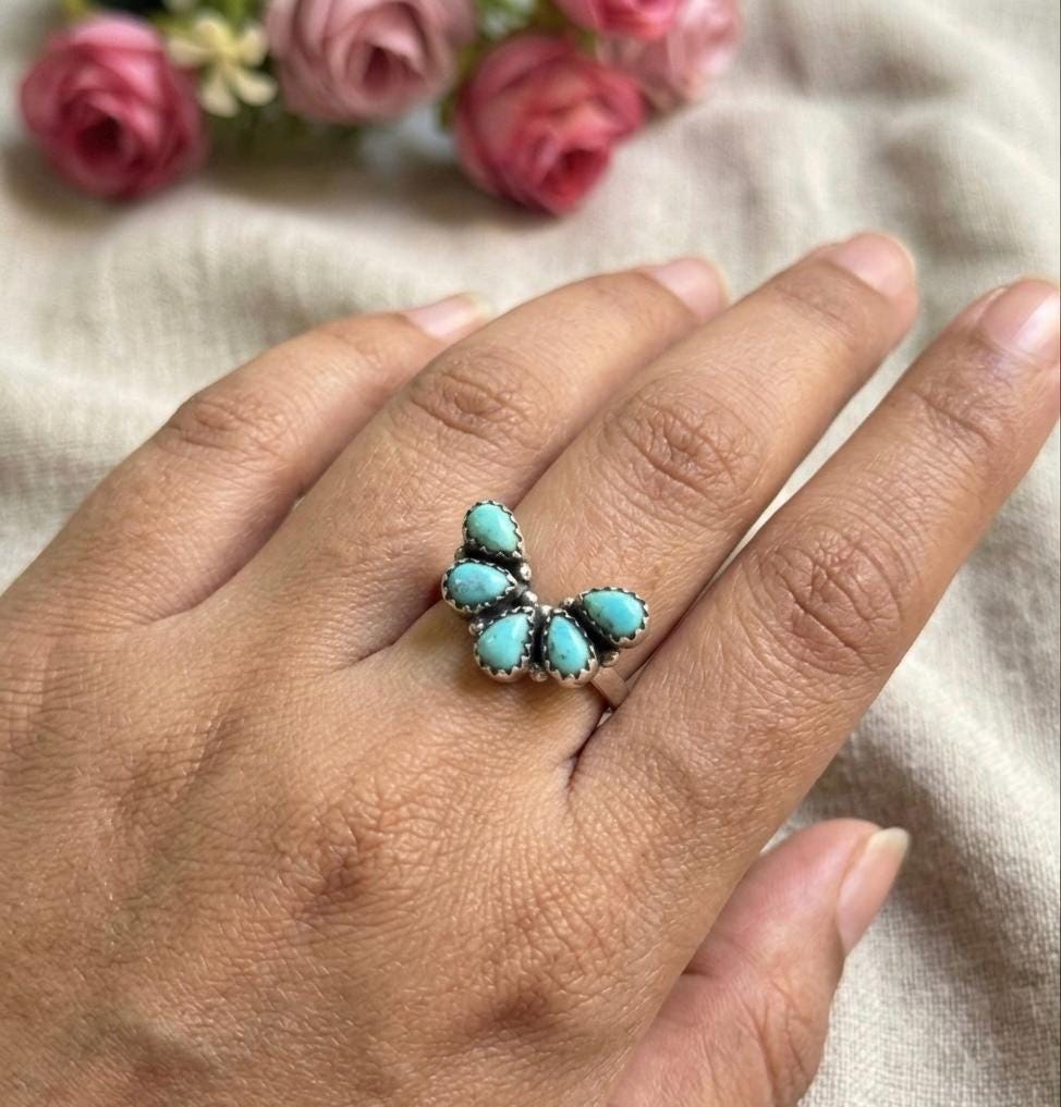 Mohave Turquoise Cluster Ring, 925 Sterling Silver, Boho Southwestern Statement Jewelry