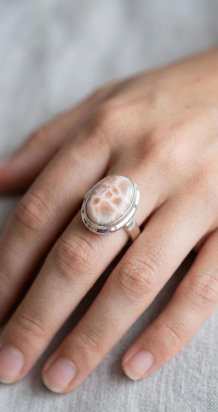 Oval Pink Larimar Sterling Silver Ring, Boho Statement Jewelry