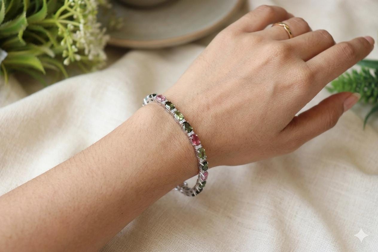 Multi Tourmaline Sterling Silver Tennis Bracelet, Dainty Stackable Gemstone Jewelry