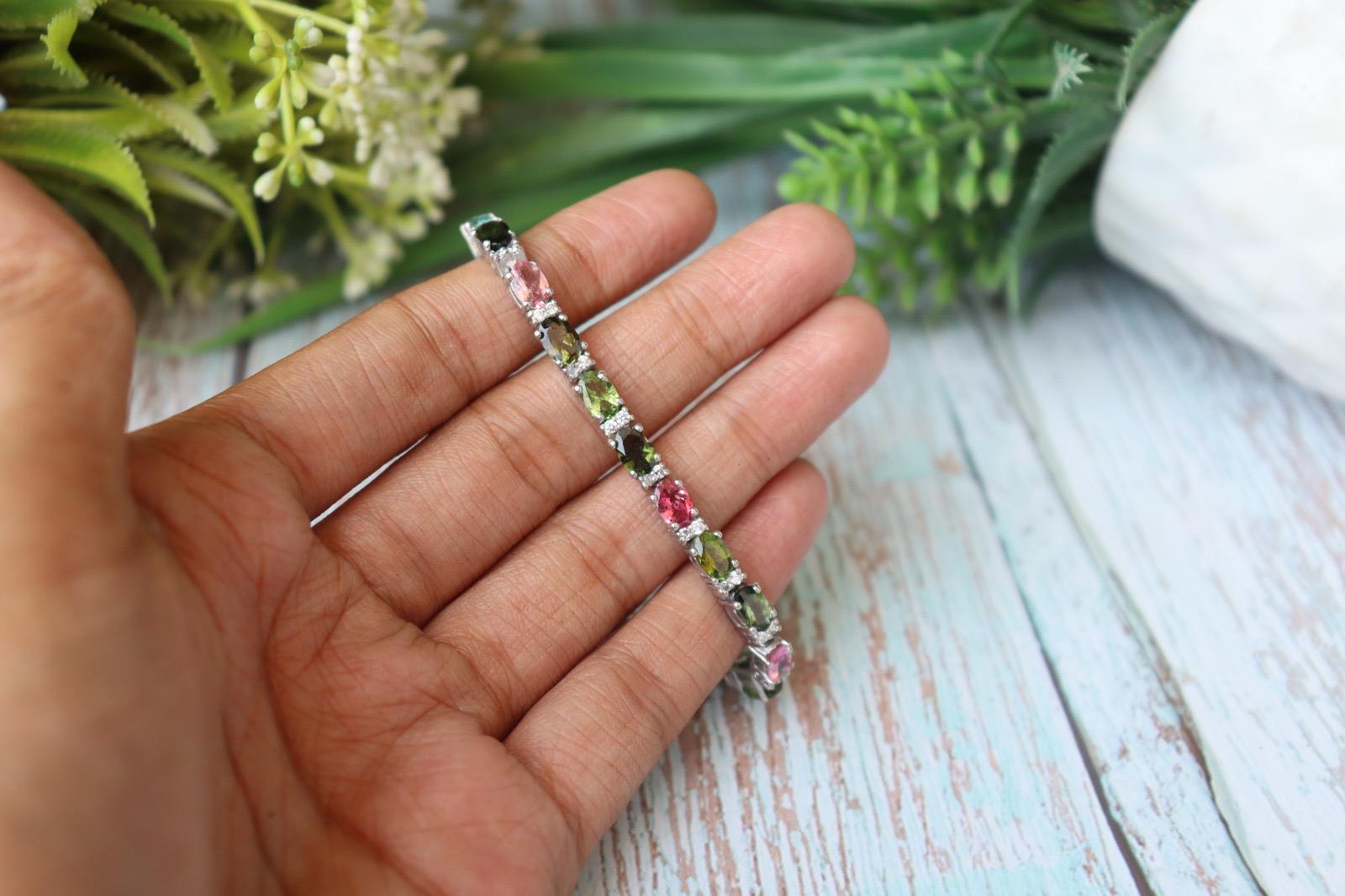 Multi Tourmaline Sterling Silver Tennis Bracelet, Dainty Stackable Gemstone Jewelry
