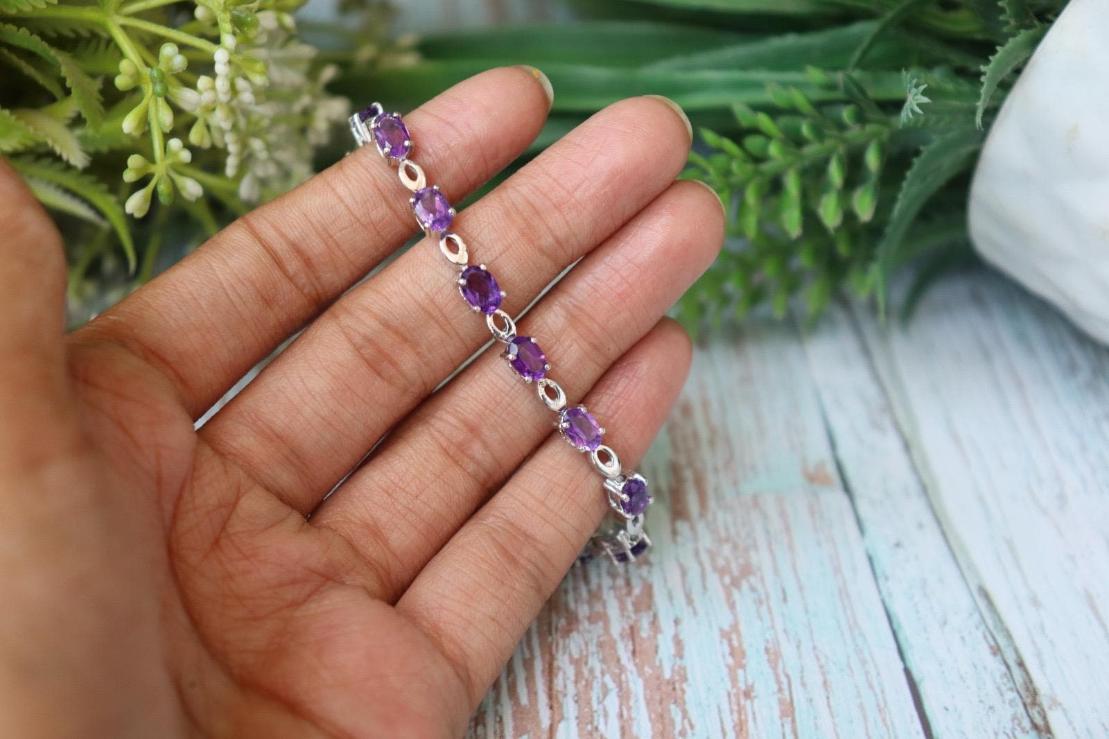 Amethyst Tennis Bracelet, 925 Sterling Silver, Dainty Gemstone Jewelry, February Birthstone